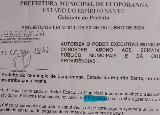 Servidores Municipais de Ecoporanga poderão receber R$ 6.200,00 de Abono no mês de novembro