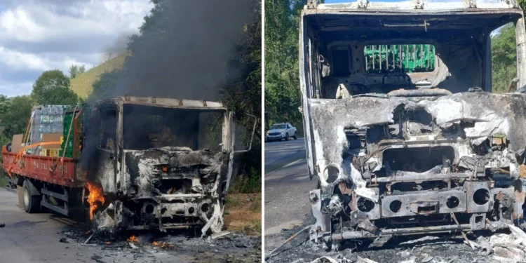 Caminhão com carga de cerveja pega fogo na ES 164 em Pancas