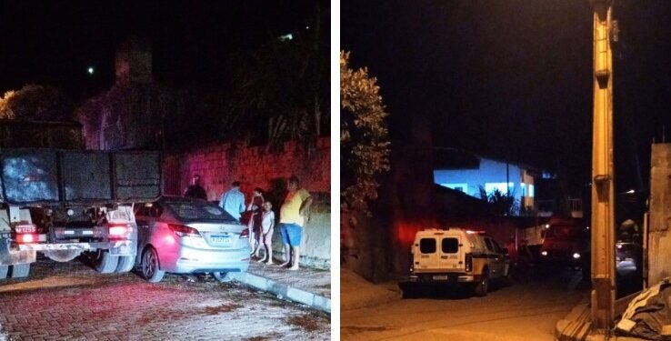 Caminhão atinge carro estacionado após bater em meio-fio em Mantena