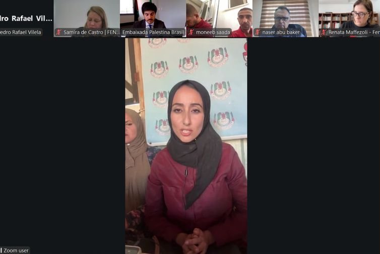 Brasília (DF), 25/09/2025 - Reunião com jornalistas em Gaza. Repórter Ghaida Mohammad, da TV Palestina, denuncia condições precárias de profissionais e da população em Gaza. Foto: Zoom/Reprodução