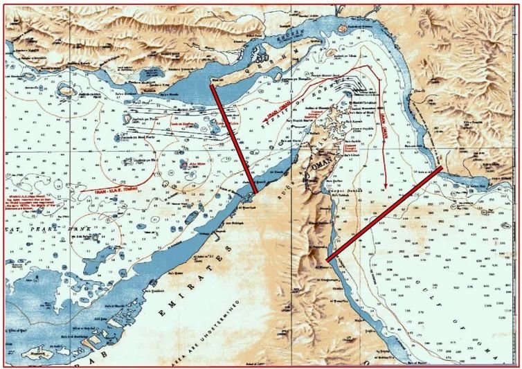 O novo Estreito de Ormuz controlado pelas Forças Armadas da República Islâmica do Irã. Ao sul, uma linha entre o Monte Mubarak, no Irã, e o sul de Fujairah, nos Emirados Árabes Unidos. A oeste, uma linha entre a ponta da Ilha de Qeshm, no Irã, e Umm Al Quwain, nos Emirados Árabes Unidos. Foto: Tasnim News Agency/Divulgação