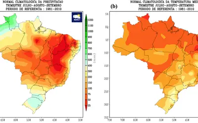 Figura 1: Climatologia de (a) precipitação (mm) e (b) temperatura média do ar (°C) para o trimestre julho, agosto e setembro. Imagem: INMET/Reprodução