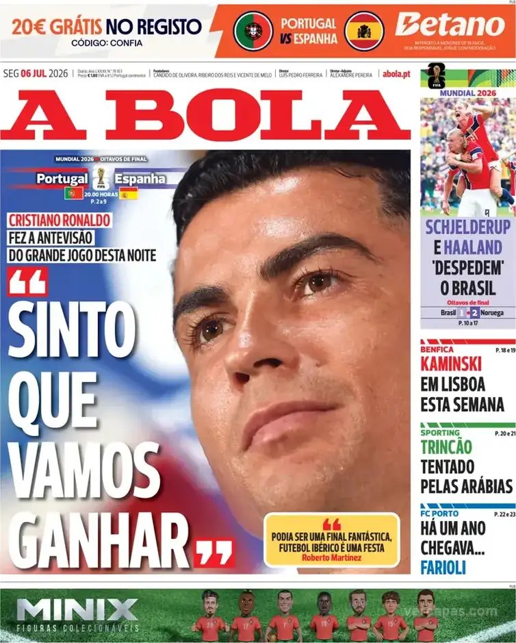 A Bola/Divulgação Brasília (DF), 06/07/2026 - Capa do jornal A Bola fala da elimininação do Brasil pela Holanda na Copa do Mundo de 2026. Foto: A Bola/Divulgação