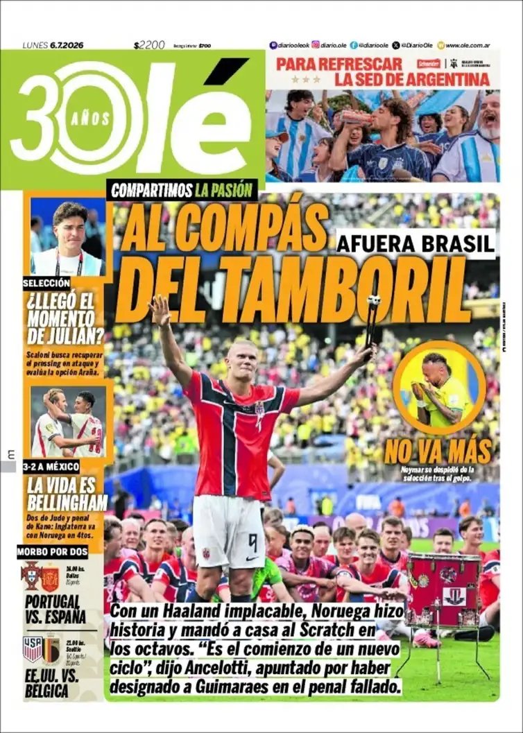 Olé/Divulgação Brasília (DF), 06/07/2026 - Capa do jornal Olé fala da elimininação do Brasil pela Holanda na Copa do Mundo de 2026. Foto: Olé/Divulgação
