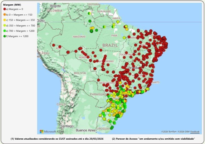 Mapa da Margem do ONS mostra que Centro-Nordeste do Brasil não possui margem de capacidade elétrica