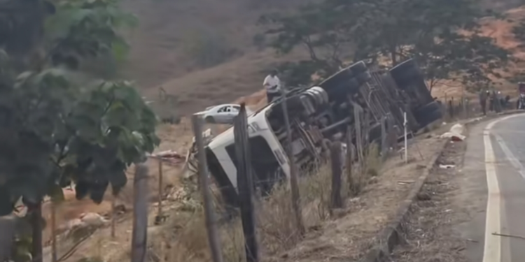 Carreta carregada de bois tomba na Serra do Canivete entre Mantena e São João do Manteninha